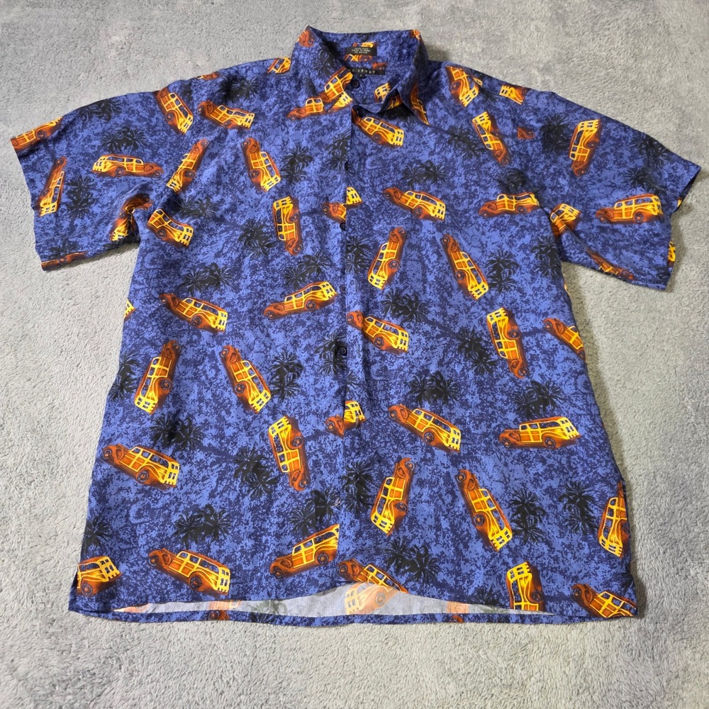 M.E. Sport Mens L Button Down Shirt Blue Silk Woodie Car Palm Tree Hawaiian